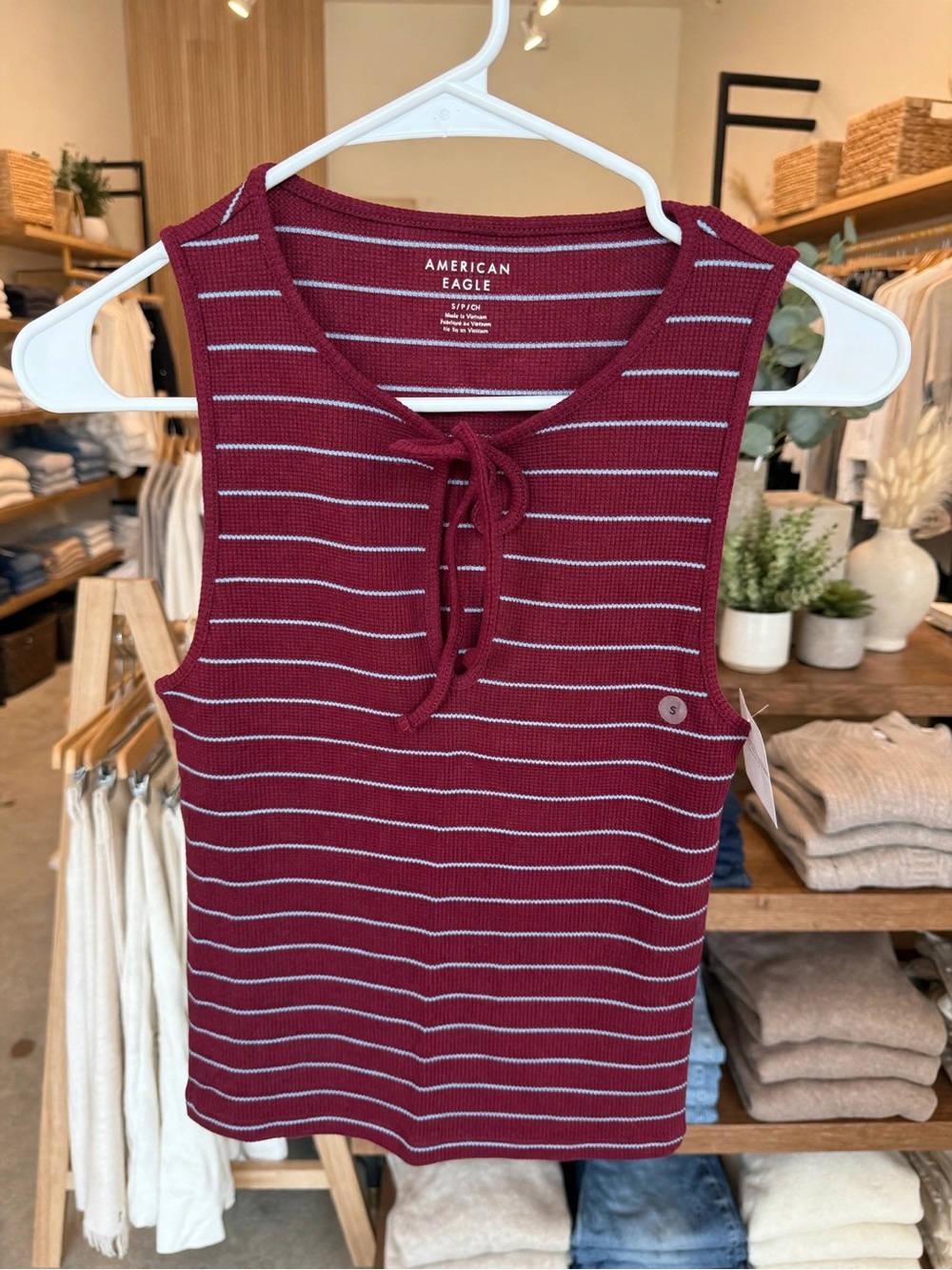 American Eagle Outfitters Burgundy and White Striped Tie-Front Tank